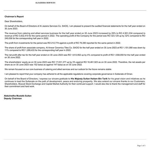 Thumbnail Al Jazeira Services Co. SAOG Half-year Report 2023-h1