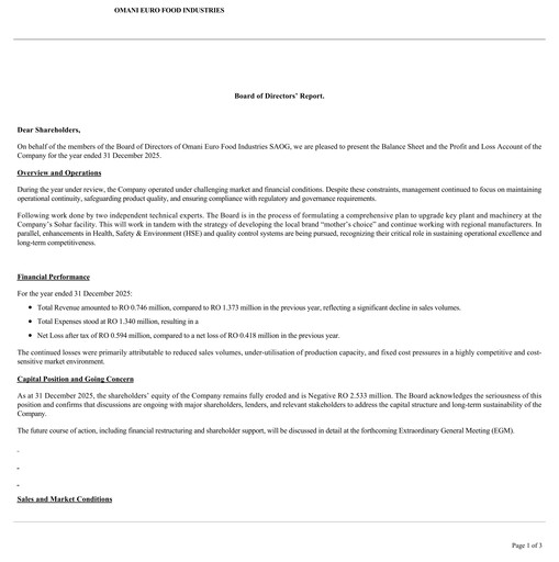 Thumbnail Omani Euro Food Industries Financial Statement 2025