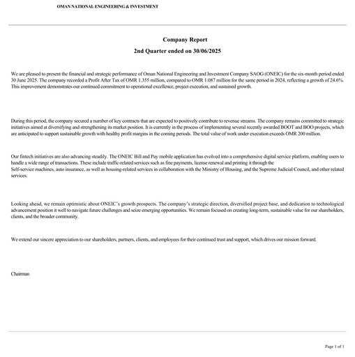 Thumbnail Oman National Engineering and Investment Co. (SAOG) Half-year Report 2025-h1