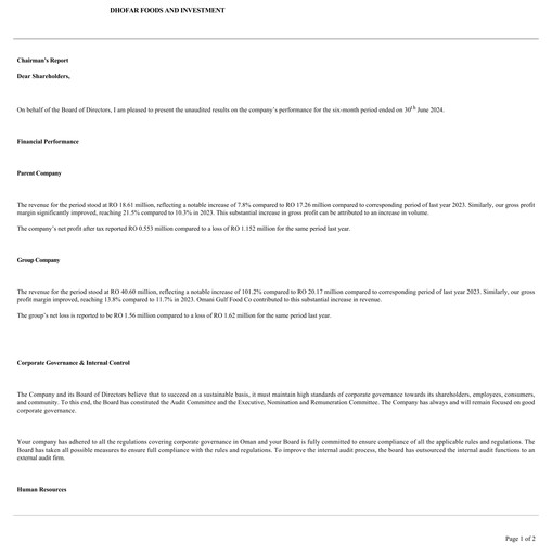 Thumbnail Dhofar Food & Investment SAOG Half-year Report 2024-h1