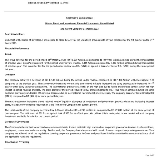 Thumbnail Dhofar Food & Investment SAOG Quarterly Report 2023-q1