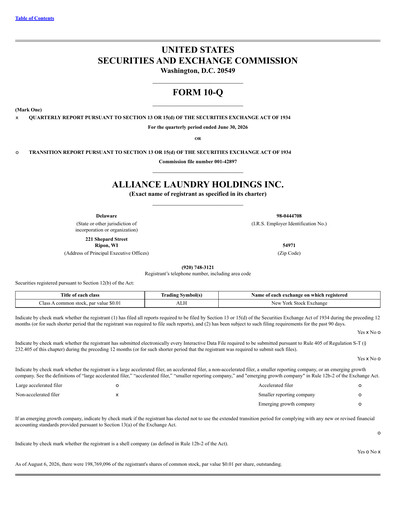 Thumbnail Alliance Laundry Holdings Quarterly Report 2026-q2