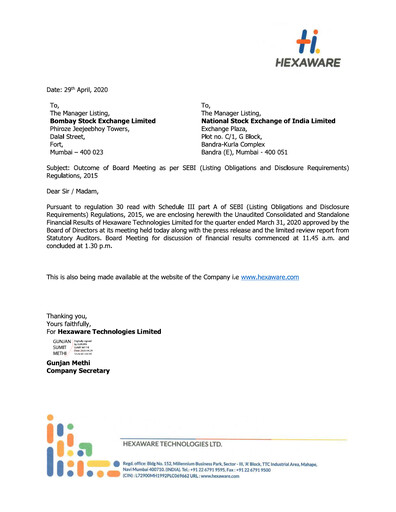 Vorschaubild Hexaware Technologies Quartalsbericht 2020-q1