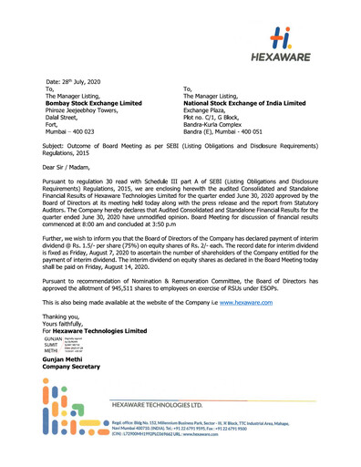 Vorschaubild Hexaware Technologies Quartalsbericht 2020-q2