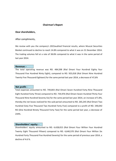 Miniature Financial Services Company SAOG Bilan financier 2015