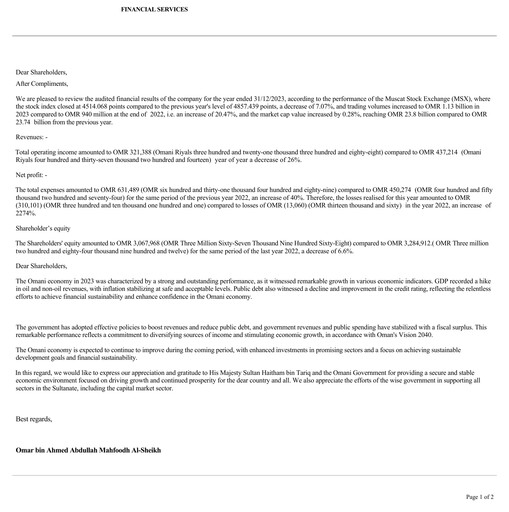 Miniature Financial Services Company SAOG Bilan financier 2023