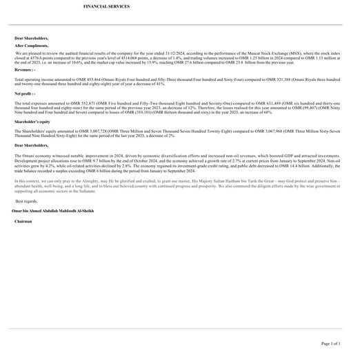 Miniature Financial Services Company SAOG Bilan financier 2024