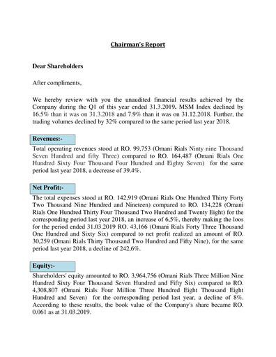 Miniature Financial Services Company SAOG Rapport trimestriel 2019-q1