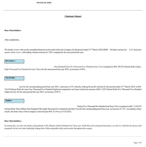 Miniature Financial Services Company SAOG Rapport trimestriel 2022-q1