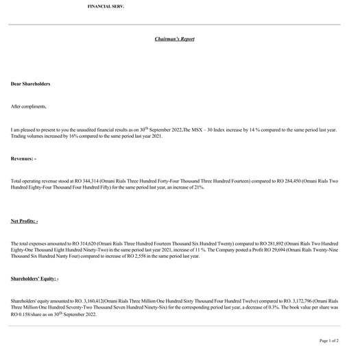 Miniature Financial Services Company SAOG Rapport trimestriel 2022-q3