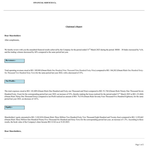 Miniature Financial Services Company SAOG Rapport trimestriel 2023-q1