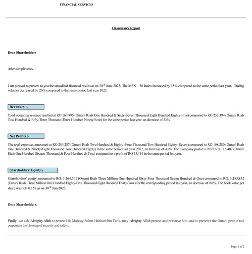 Miniature Financial Services Company SAOG Rapport trimestriel 2023-q2