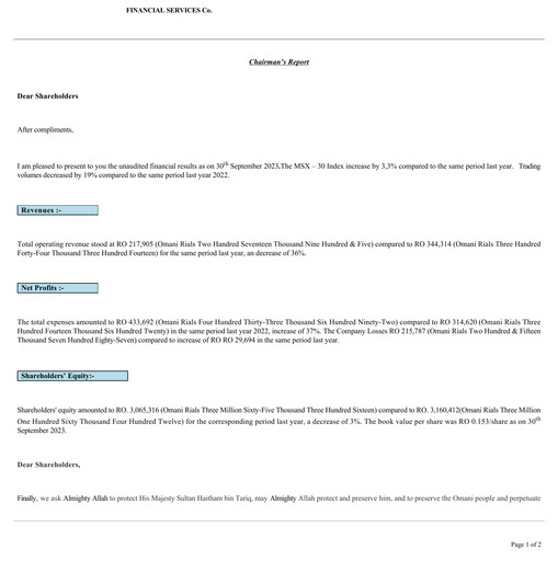 Miniature Financial Services Company SAOG Rapport trimestriel 2023-q3
