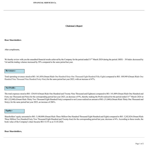 Miniature Financial Services Company SAOG Rapport trimestriel 2024-q1