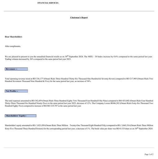 Miniature Financial Services Company SAOG Rapport trimestriel 2024-q3