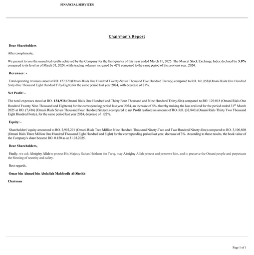 Miniature Financial Services Company SAOG Rapport trimestriel 2025-q1