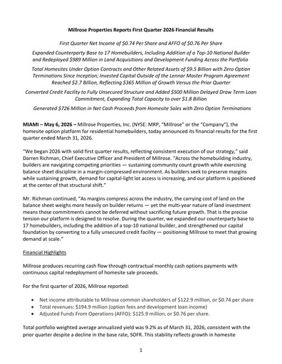 Thumbnail Millrose Properties Quarterly Report 2026-q1
