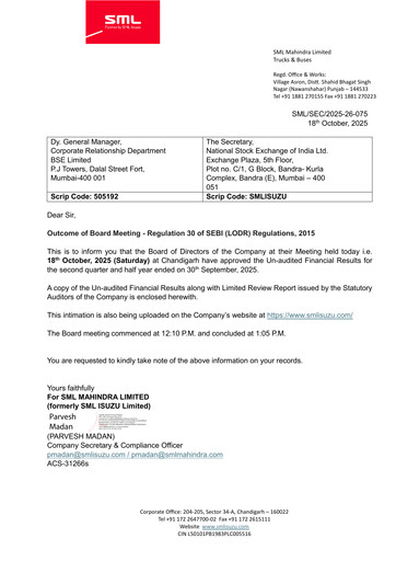 Thumbnail SML MAHINDRA LIMITED Quarterly Report 2025-q2