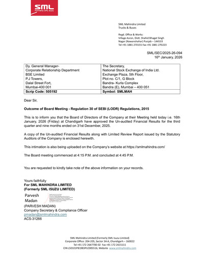 Thumbnail SML MAHINDRA LIMITED Quarterly Report 2025-q3