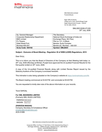 Thumbnail SML MAHINDRA LIMITED Quarterly Report 2026-q1