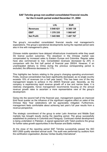 Thumbnail SAF Tehnika A/S Half-year Report 2004-2005-h1