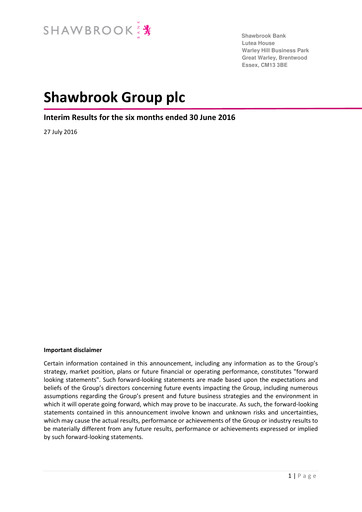 Miniature Shawbrook Group PLC Rapport semestriel 2016-h1