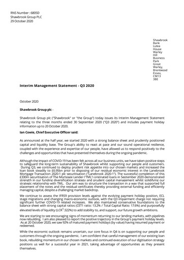 Miniature Shawbrook Group PLC Rapport trimestriel 2020-q3