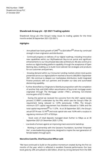 Miniature Shawbrook Group PLC Rapport trimestriel 2021-q3