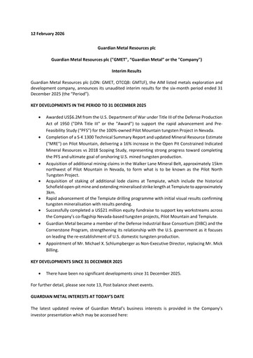 Miniature Guardian Metal Resources Rapport semestriel 2025-h1