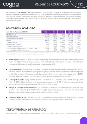 Thumbnail Cogna Educação Quarterly Report 2022-q1