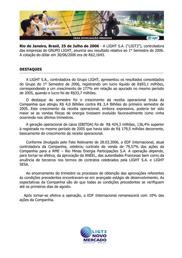 Thumbnail Light S.A. Half-year Report 2006-h1