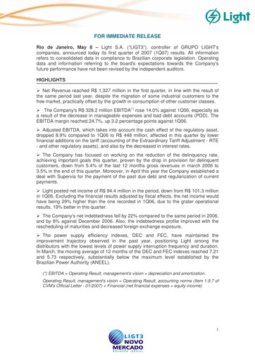 Thumbnail Light S.A. Quarterly Report 2007-q1