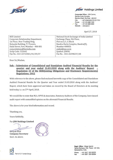Thumbnail JSW Holdings Financial Statement 2017-2018