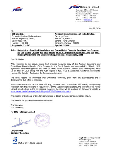 Thumbnail JSW Holdings Financial Statement 2019-2020