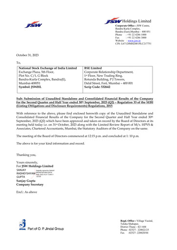Thumbnail JSW Holdings Quarterly Report 2023-q2