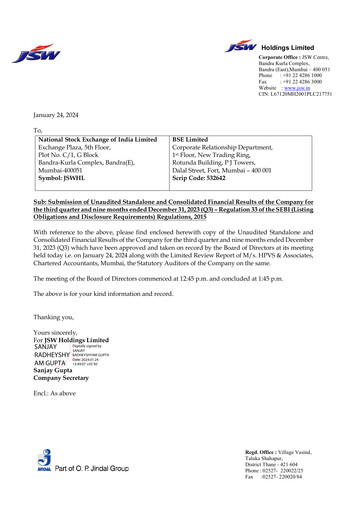 Thumbnail JSW Holdings Quarterly Report 2023-q3
