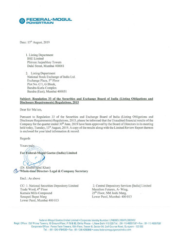 Thumbnail Federal-Mogul Goetze Quarterly Report 2019-q1