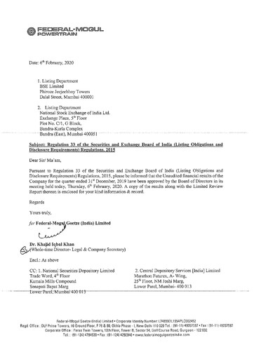 Thumbnail Federal-Mogul Goetze Quarterly Report 2019-q3