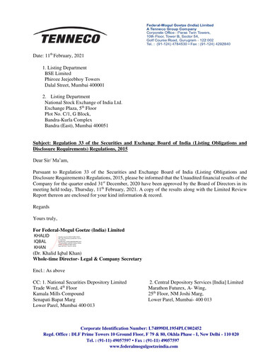 Thumbnail Federal-Mogul Goetze Quarterly Report 2020-q3