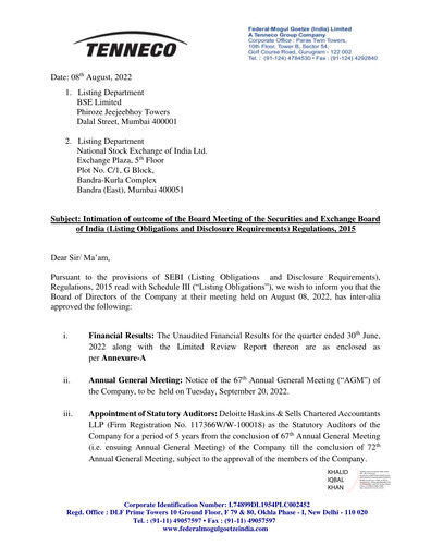 Thumbnail Federal-Mogul Goetze Quarterly Report 2022-q1