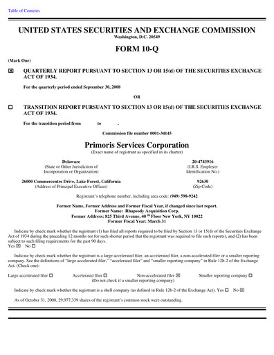 Thumbnail Primoris Services Corporation
 Quarterly Report 2008-q3