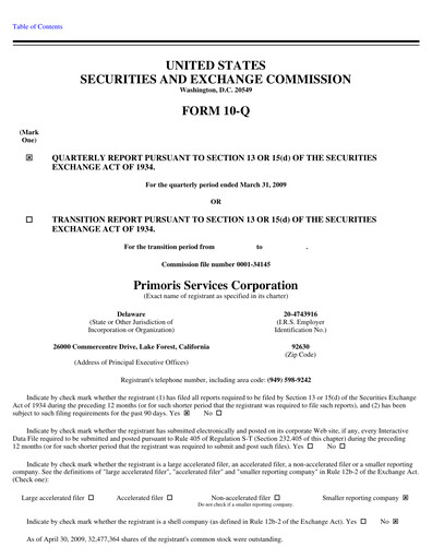 Thumbnail Primoris Services Corporation
 Quarterly Report 2009-q1