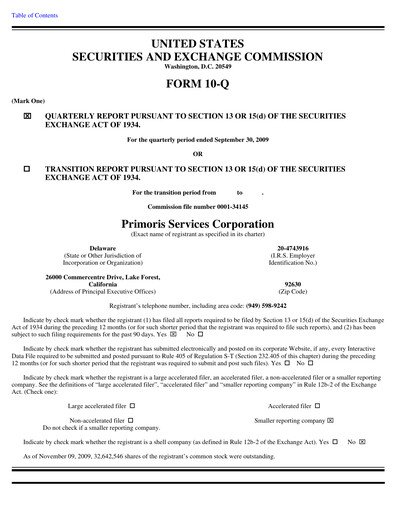 Thumbnail Primoris Services Corporation
 Quarterly Report 2009-q3