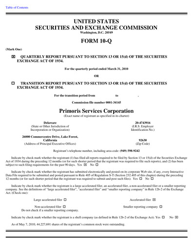 Thumbnail Primoris Services Corporation
 Quarterly Report 2010-q1