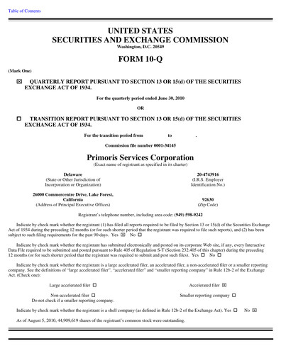 Thumbnail Primoris Services Corporation
 Quarterly Report 2010-q2