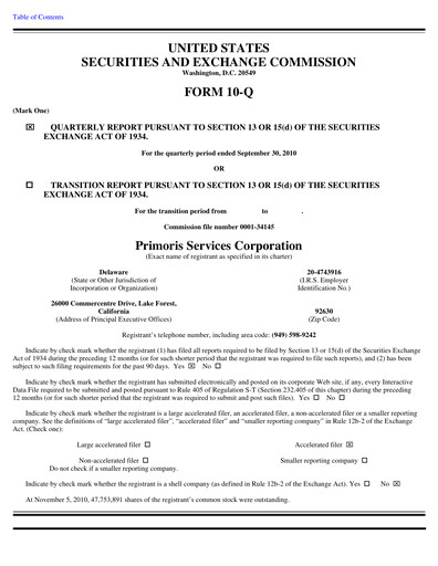 Thumbnail Primoris Services Corporation
 Quarterly Report 2010-q3