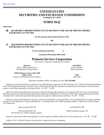Thumbnail Primoris Services Corporation
 Quarterly Report 2011-q1
