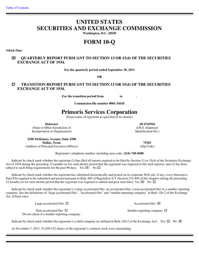 Thumbnail Primoris Services Corporation
 Quarterly Report 2011-q3