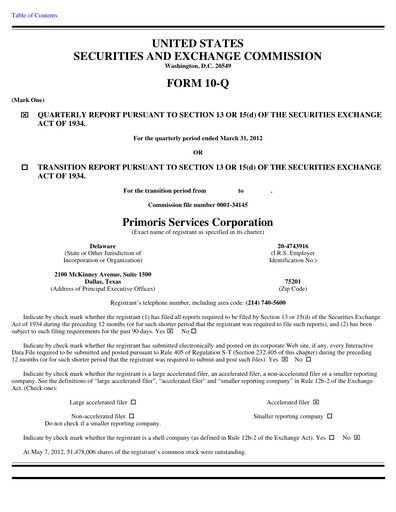 Thumbnail Primoris Services Corporation
 Quarterly Report 2012-q1