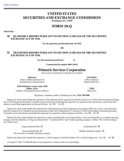 Thumbnail Primoris Services Corporation
 Quarterly Report 2012-q2